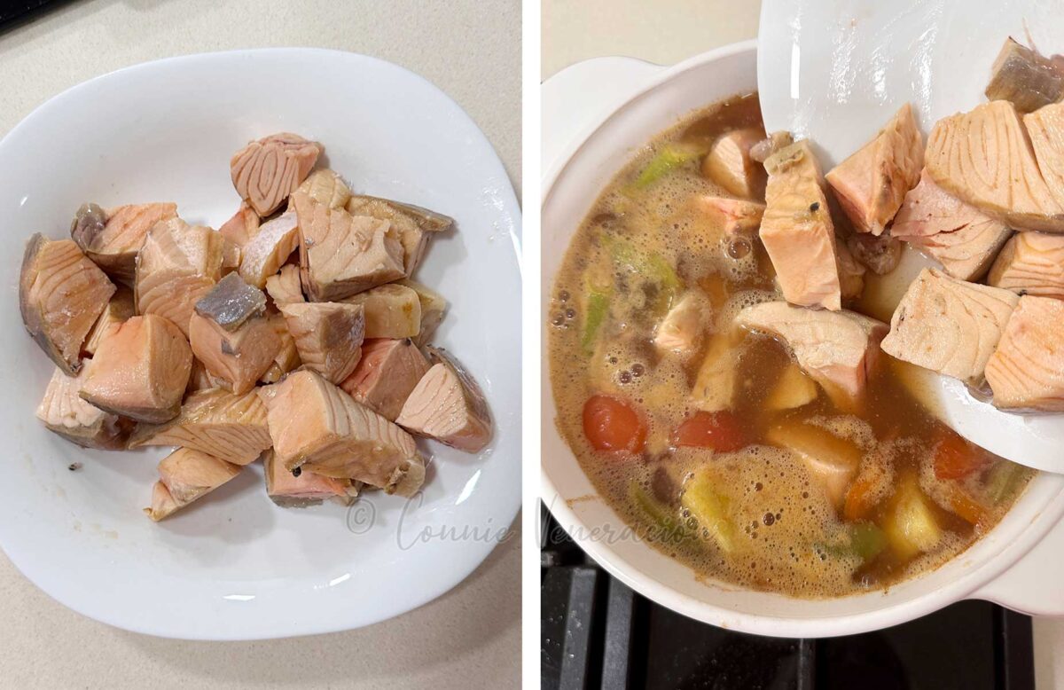 Adding salmon to soup in pot