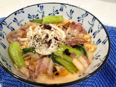 Bacon and egg udon soup with coconut cream and peanut butter