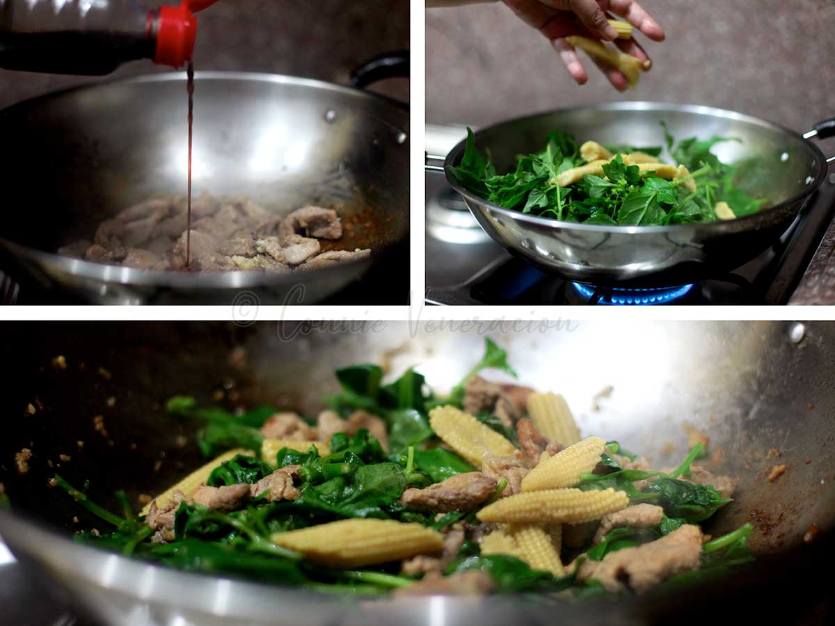 Cooking Ginger chili pork with spinach and baby corn