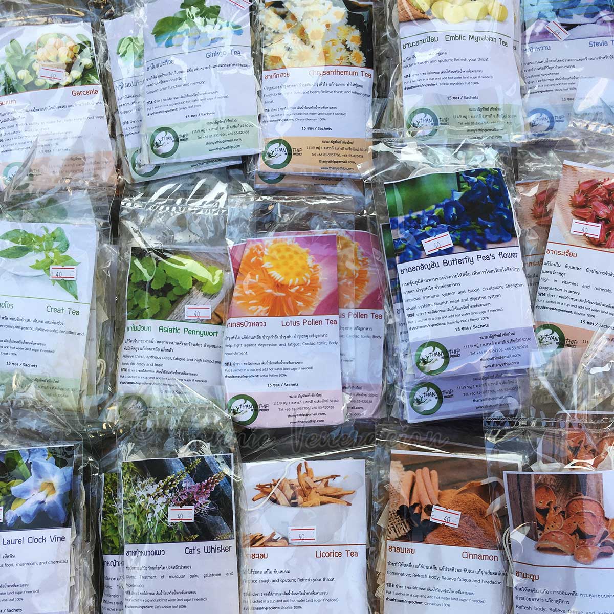 Dried flowers, herbs and spices sold as tea