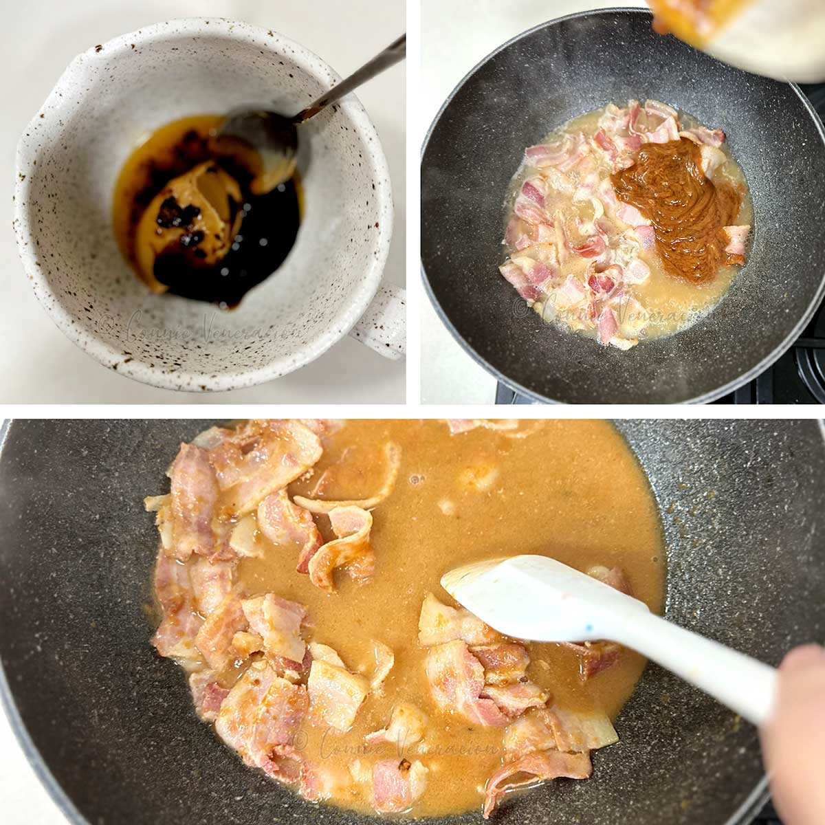 Making sauce with peanut butter, sweet soy sauce, oyster sauce and chili oil