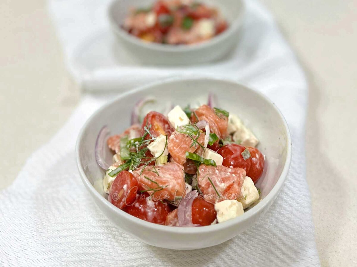 Salmon, tomato and cheese salad
