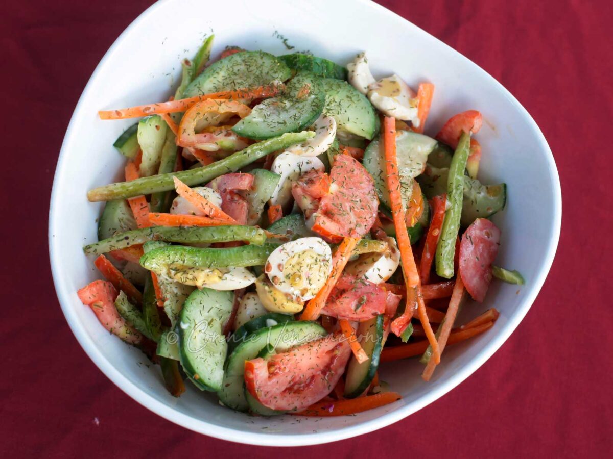 Salted quail eggs and vegetable salad
