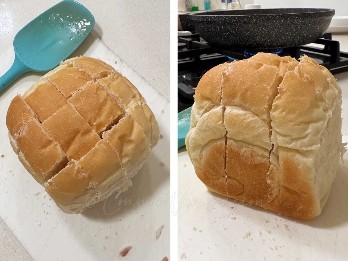 A crisscut loaf of bread cut into