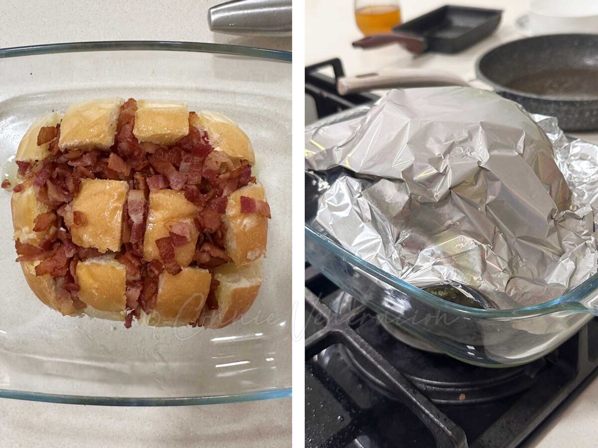Bread stuffed with bacon and covered with foil