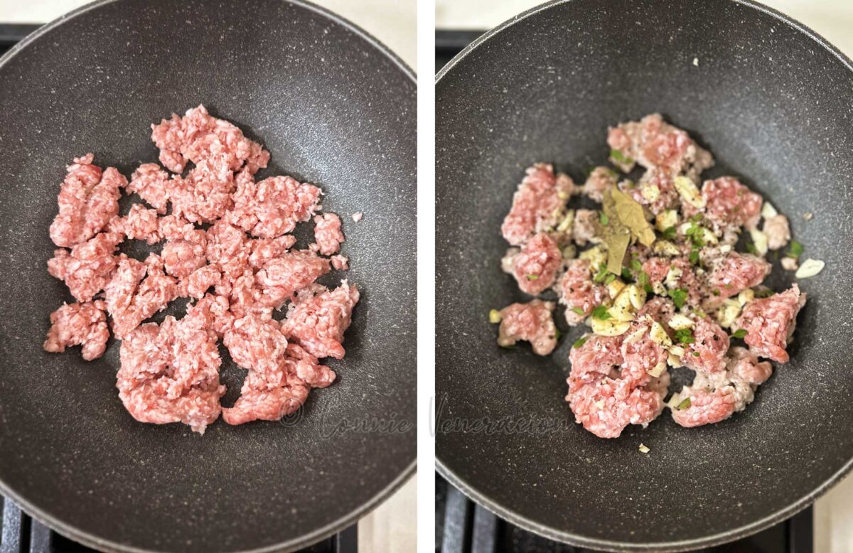 Ground pork and spices in wok