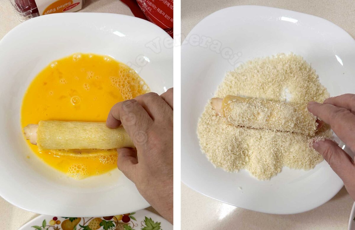 Coating rolled bread in egg and panko