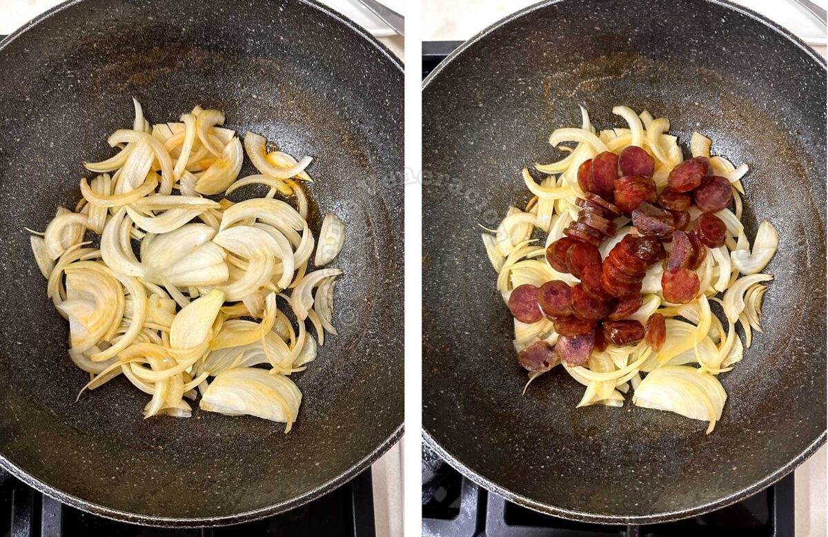 Sauteeing onion and sliced Chinese sausage