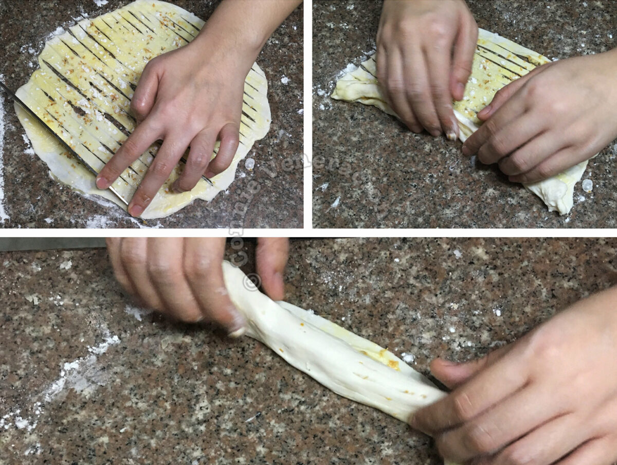Cutting dough into strips to make paratha