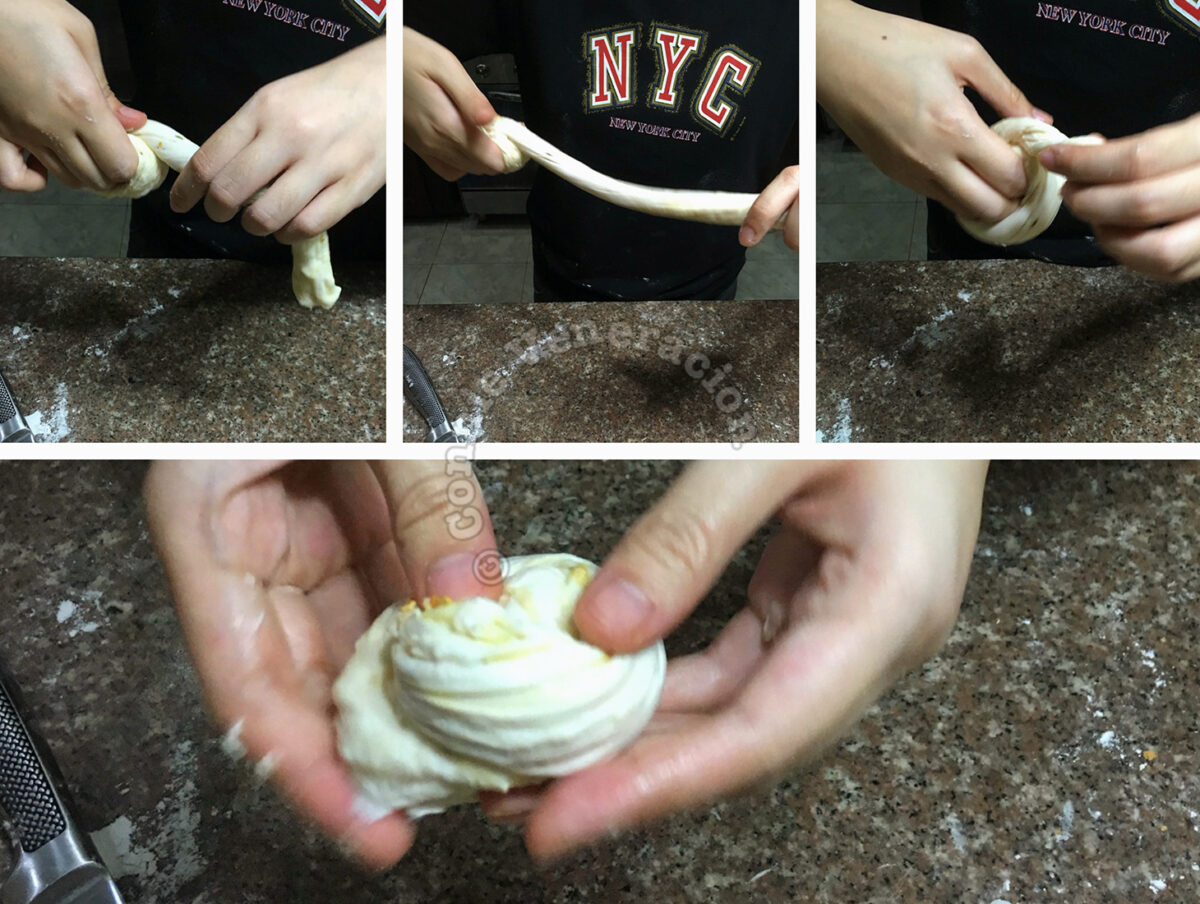 Pulling dough into a long strip