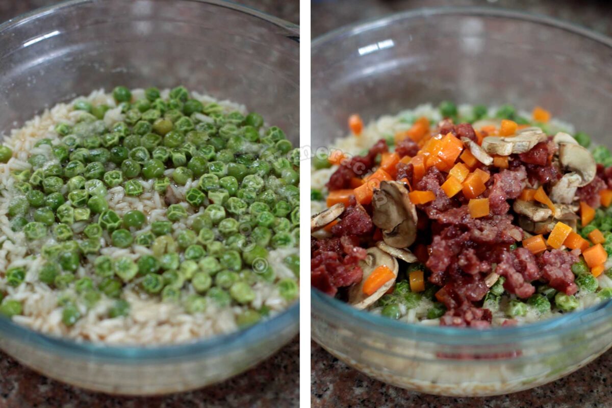 Rice, meat and veggies in glass bowl