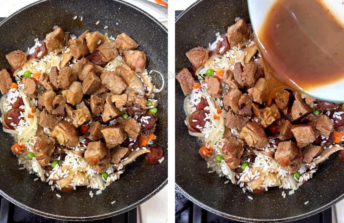 Pork, stick rice, mushrooms and vegetables in wok