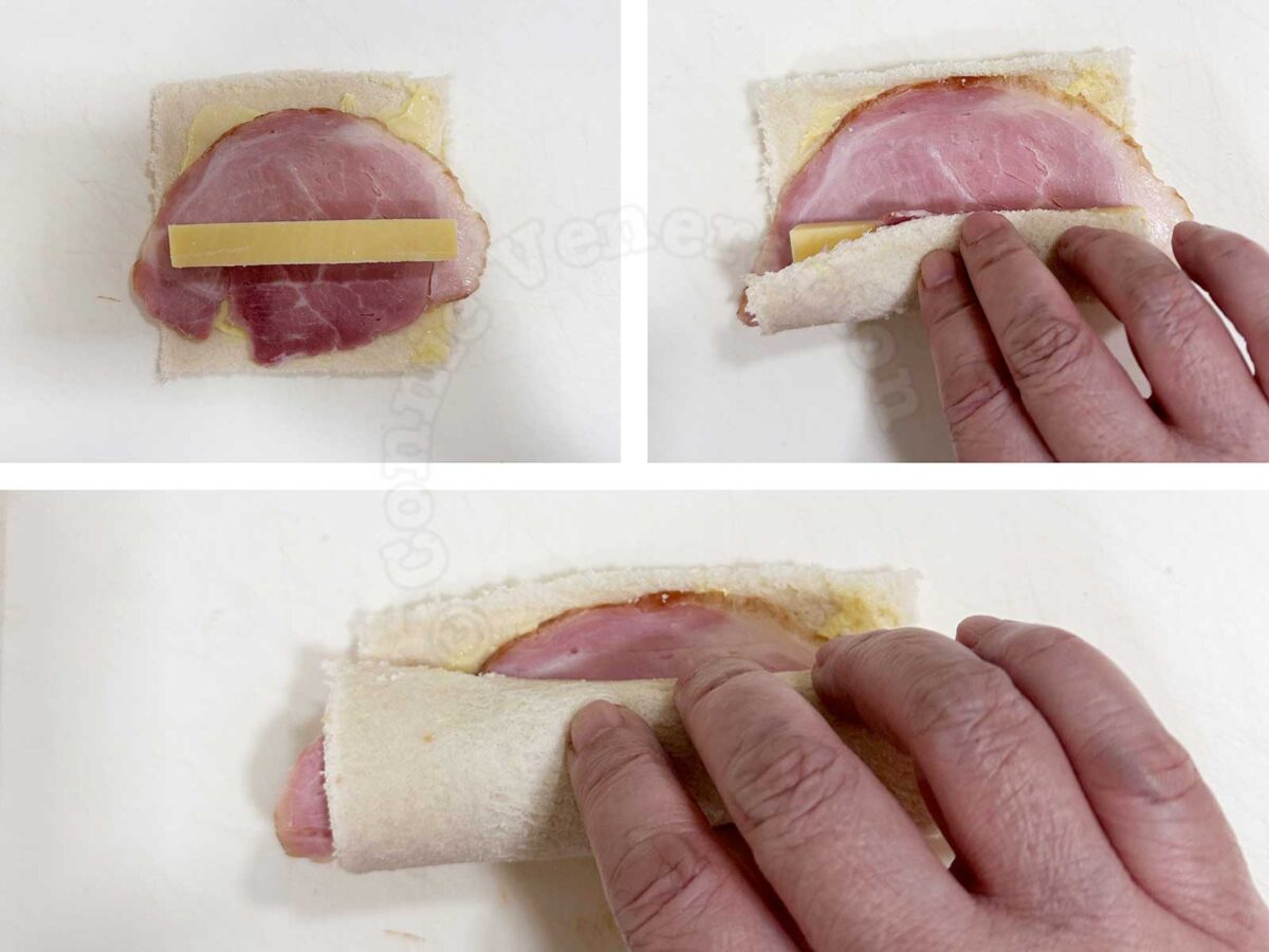Filling a bread slice with ham and cheese