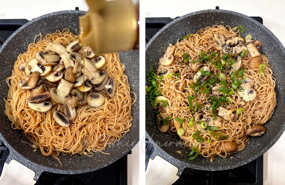 Drizzling sesame seed oil over noodles and mushrooms in pan