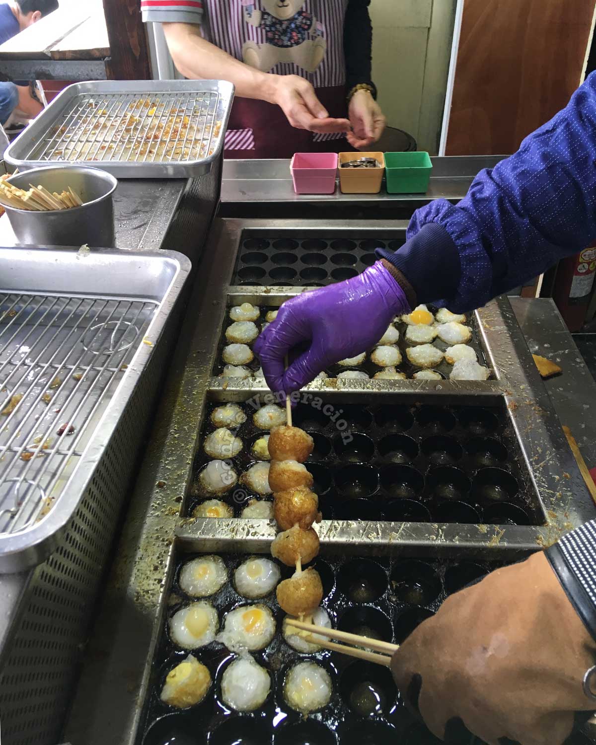 Skewered fried quail eggs in Tamsui, Taiwan