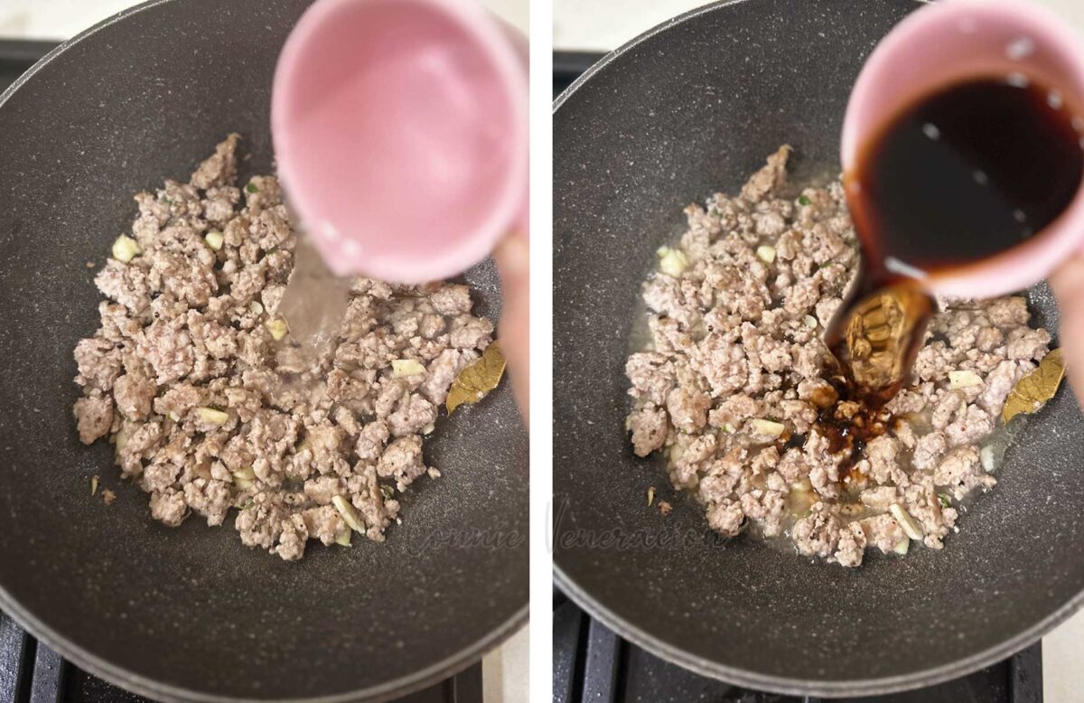 Pouring vinegar and soy sauce over ground pork in wok