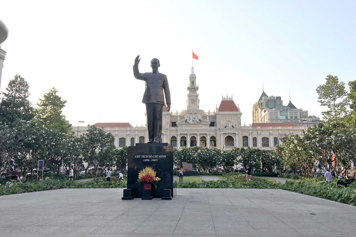 Statue of Ho Chi Minh in bronze at the Ho Chi Minh Square across the old City Hall in Saigon