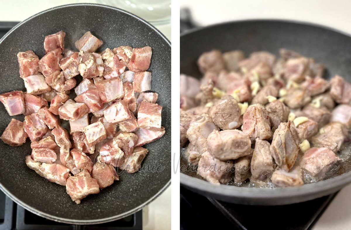 Browning pork ribs in wok