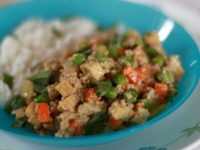 Green curry pork, tofu and vegetables with rice