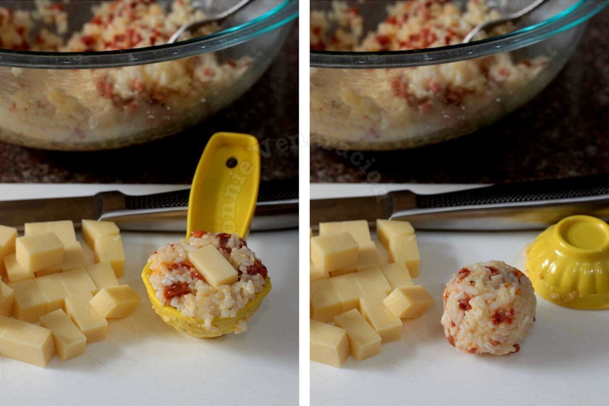 Stuffing rice and sausage balls with cheese