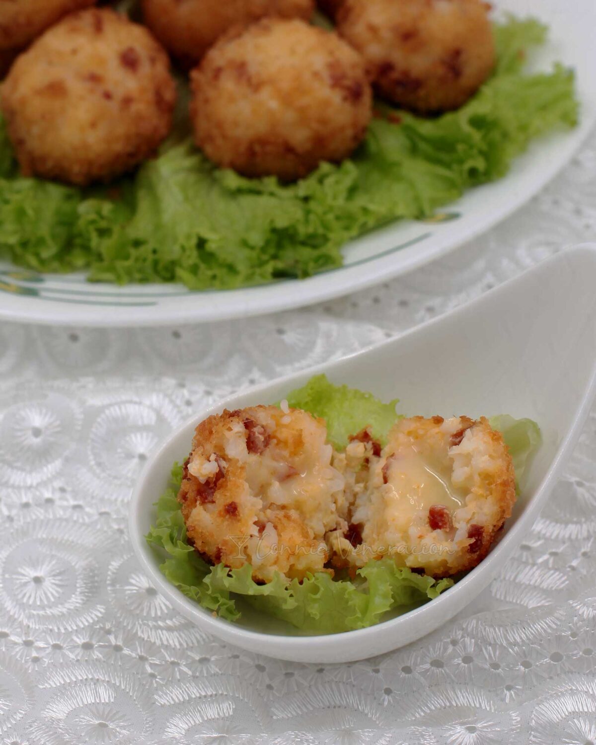 Fried cheese-stuffed sausage and rice balls