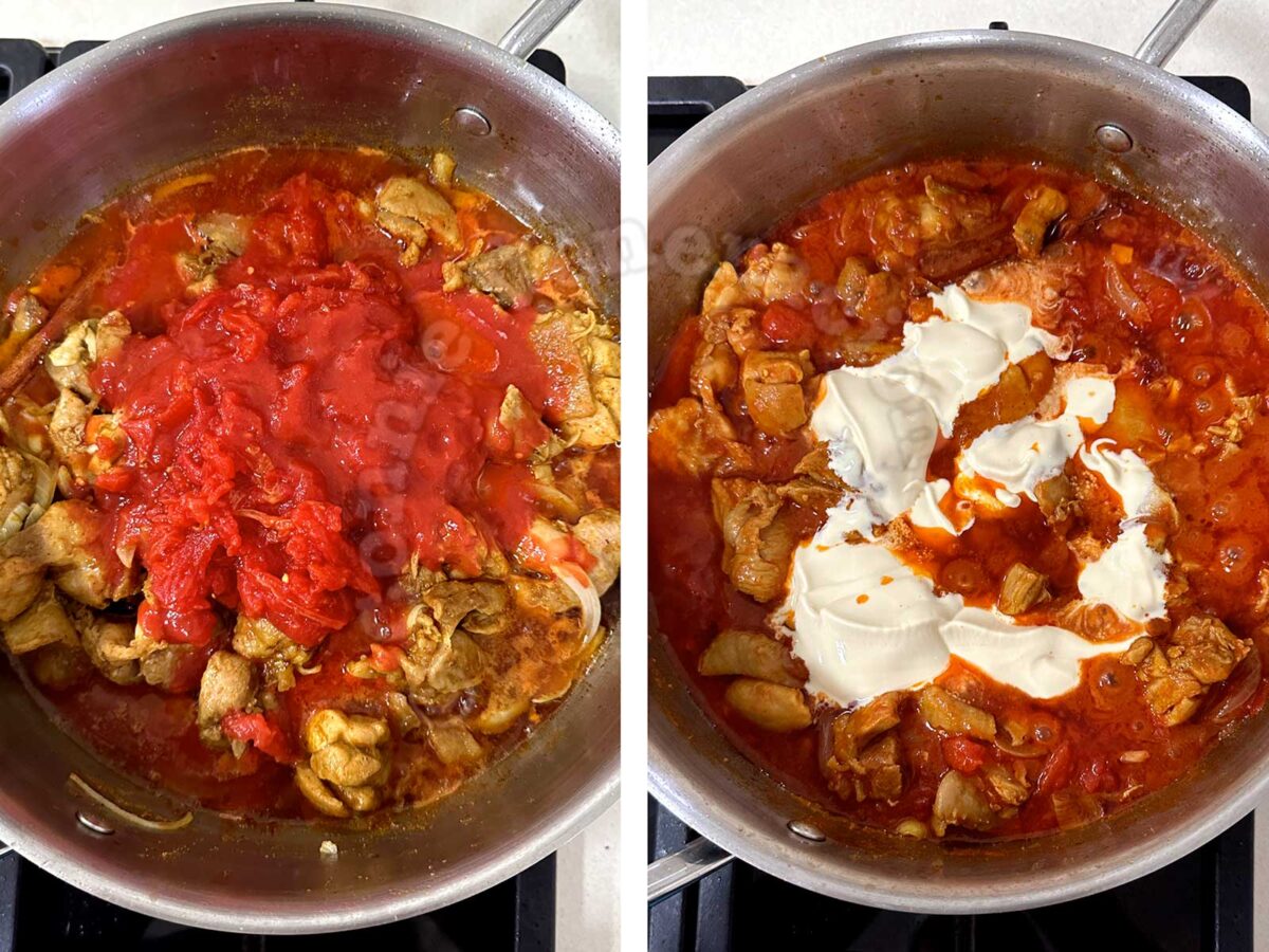 Braising chicken curry in tomatoes and coconut cream