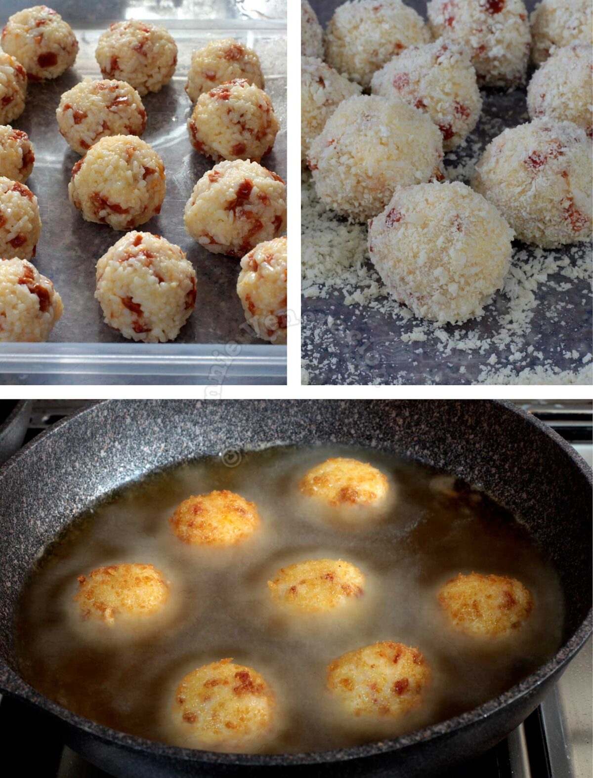 Frying cheese-stuffed rice and sausage balls