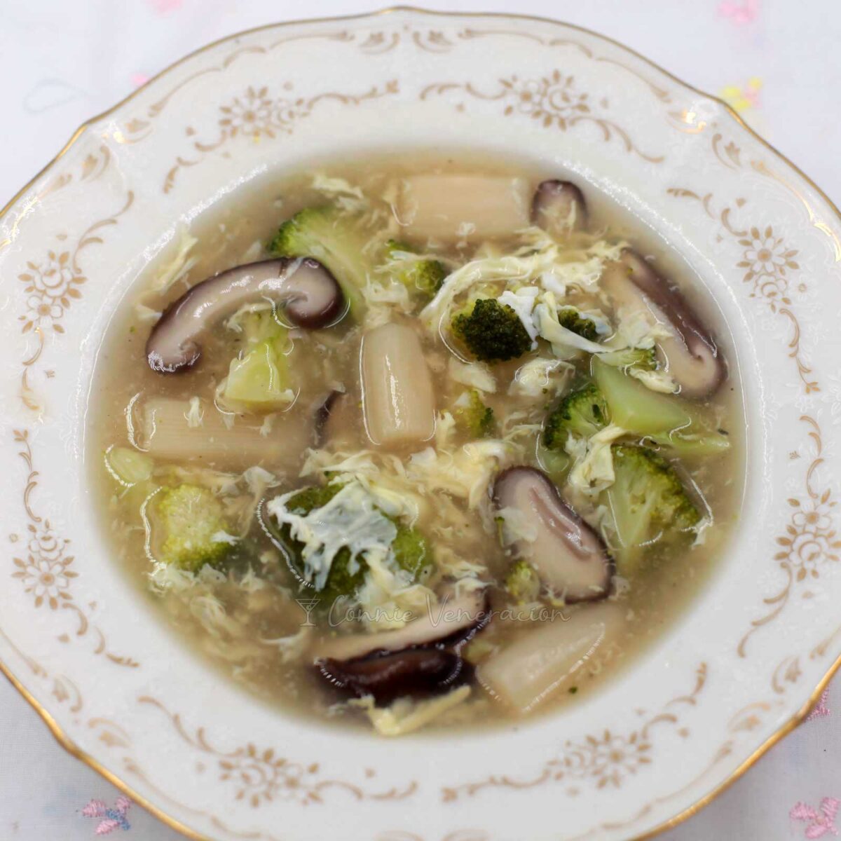 Shiitake, white asparagus and broccoli egg drop soup