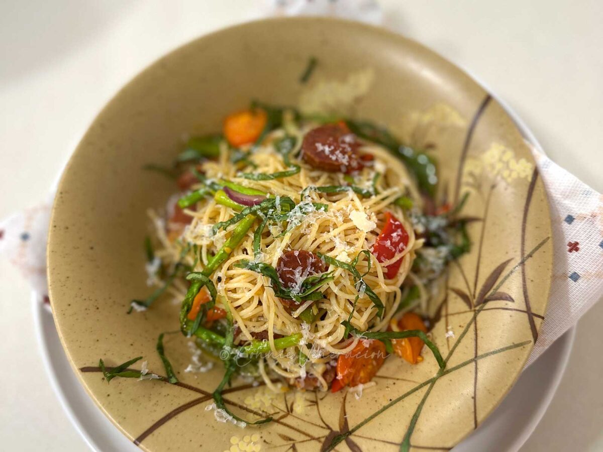 Spaghettini with chorizo, asparagus and cherry tomatoes