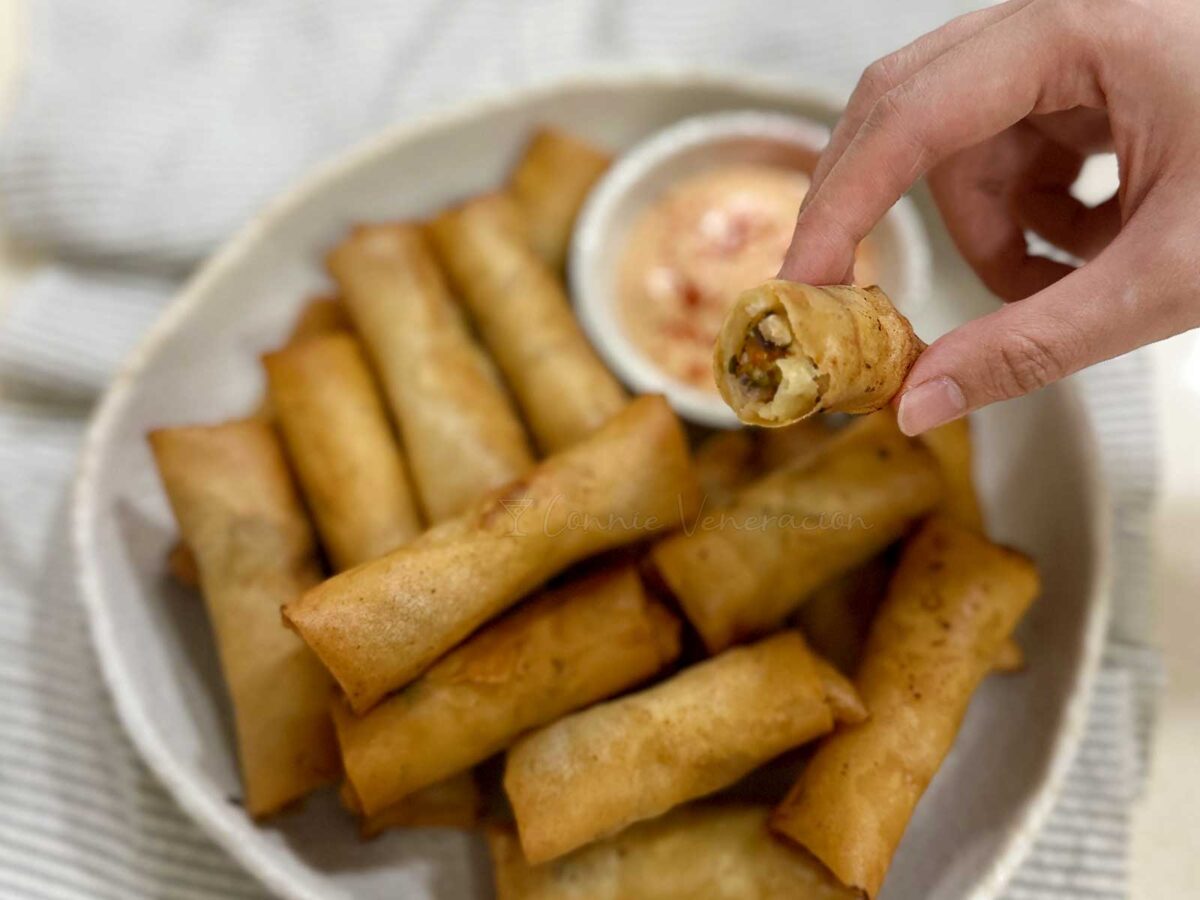Fish and shrimp spring rolls with Sriracha mayo dipping sauce