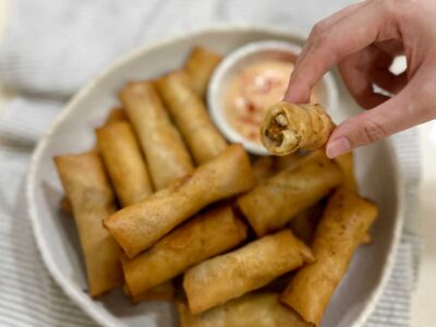 Fish and shrimp spring rolls with Sriracha mayo dipping sauce