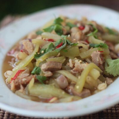 Stir fried pork, chayote, ginger and chilies