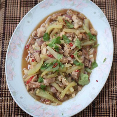 Stir fried pork, chayote, ginger and chilies