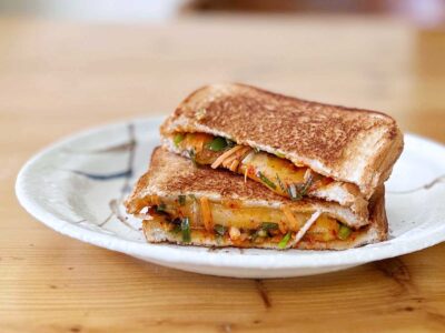 Grilled cheese and scallion kimchi sandwich