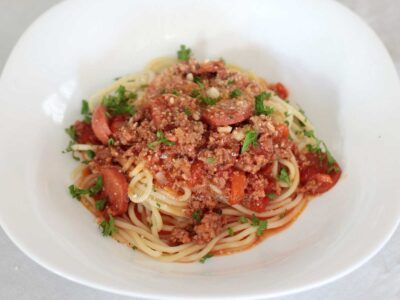 Filipino-style sweet spaghetti with hotdogs