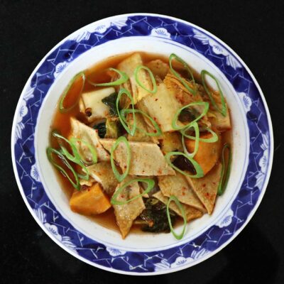 Fish cake, sweet potato and kimchi soup