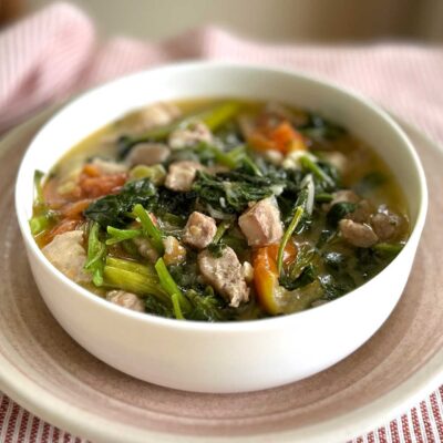 Spicy pork belly, spinach and coconut cream stew