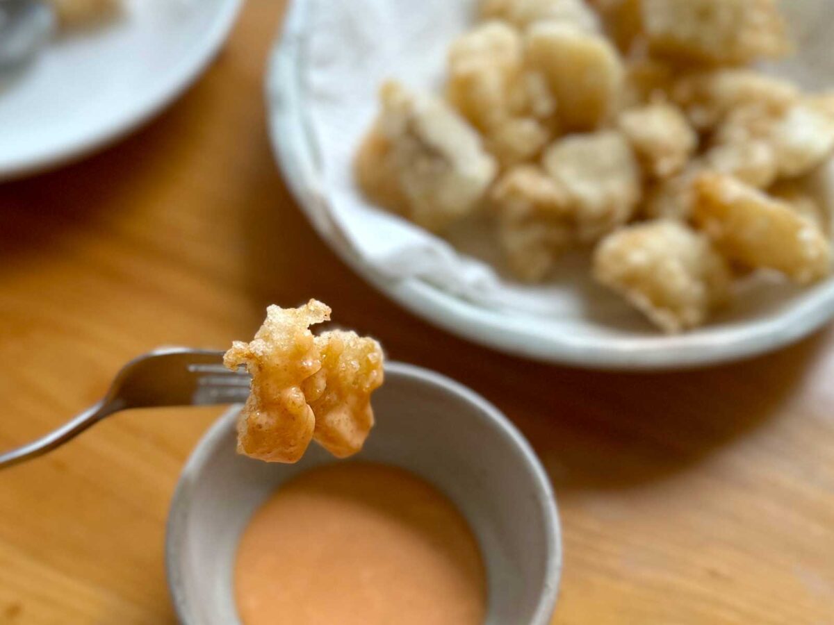 Alaska pollock karaage dipped in bang bang sauce