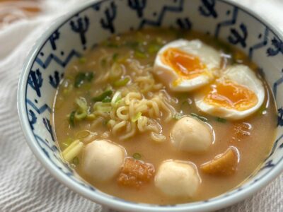 Instant ramen with soft-boiled egg and seafood balls