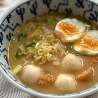 Instant ramen with soft-boiled egg and seafood balls