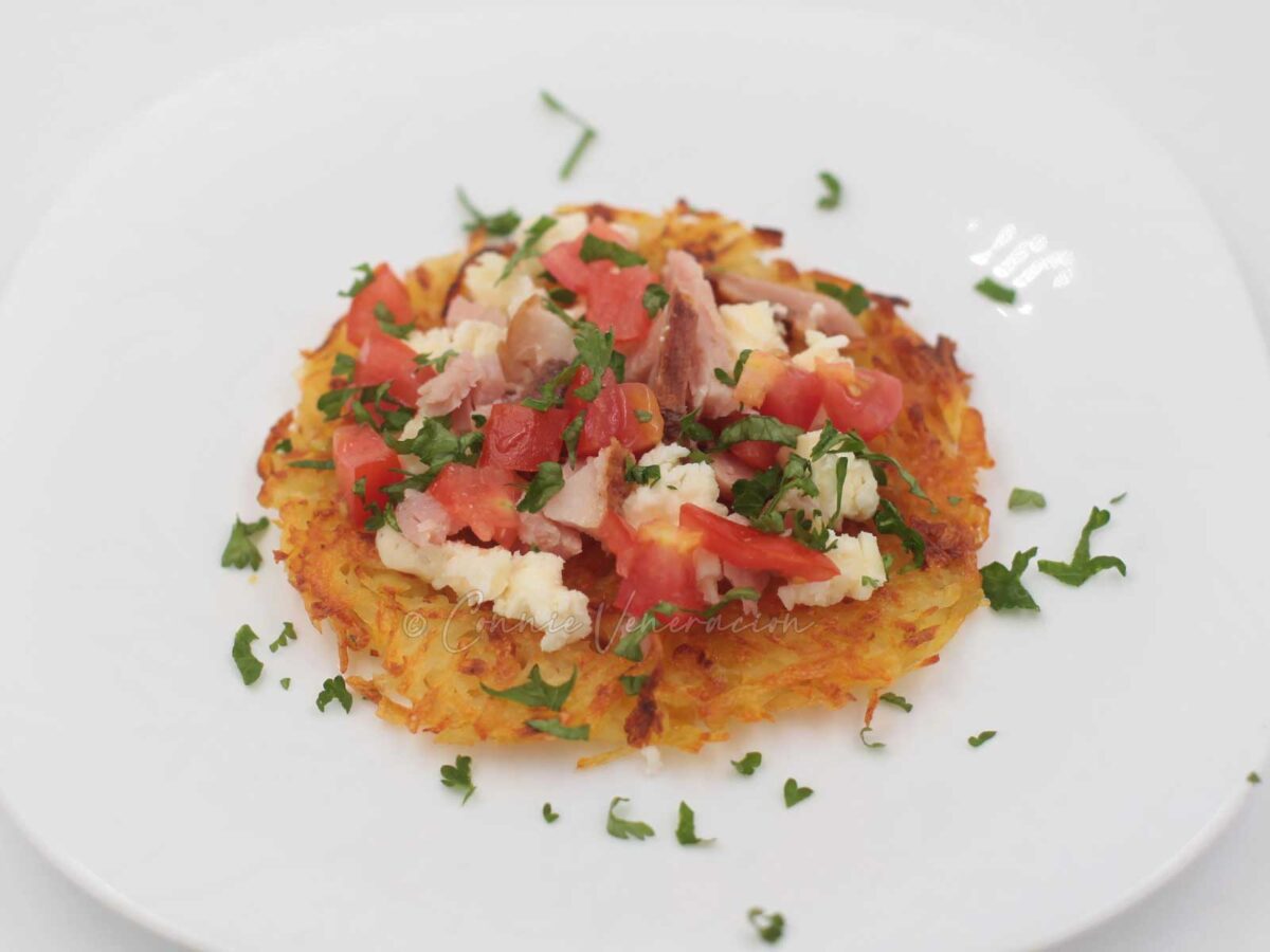 Crispy fried potatoes, ham, tomatoes and feta salad