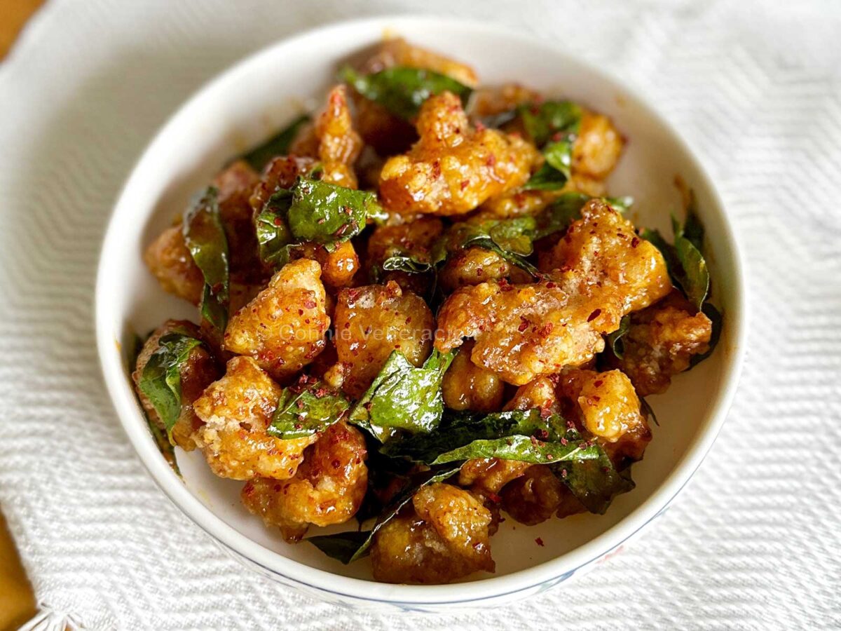 Chicken karaage with salted egg and coconut cream sauce
