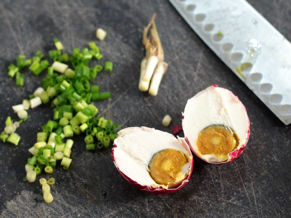 Salted duck eggs, halved