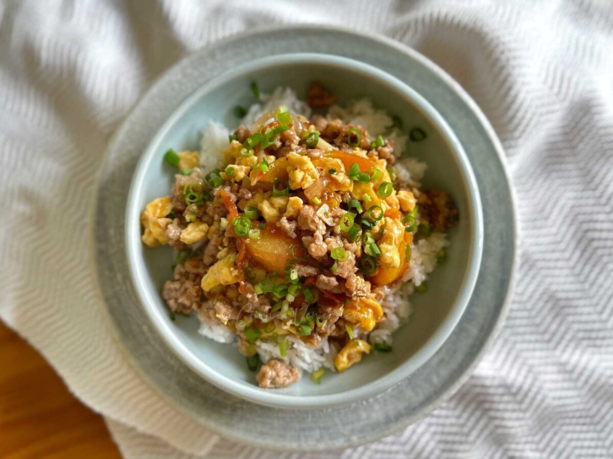 Chinese-style scrambled eggs with pork and tomatoes

