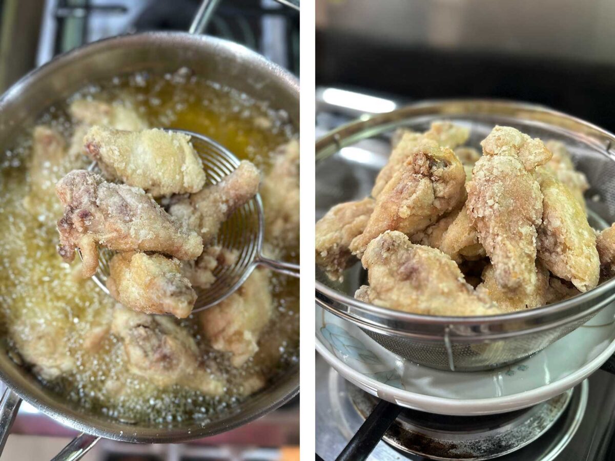 Chicken drumettes after first frying