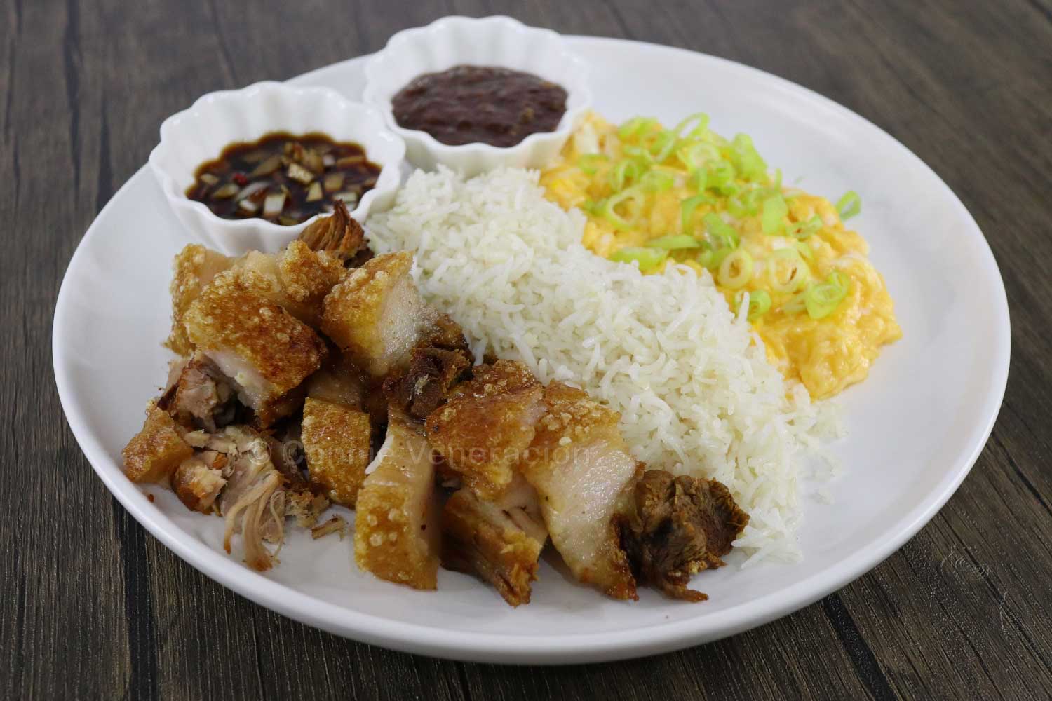 Lechonsilog (crispy pork belly, rice and egg)