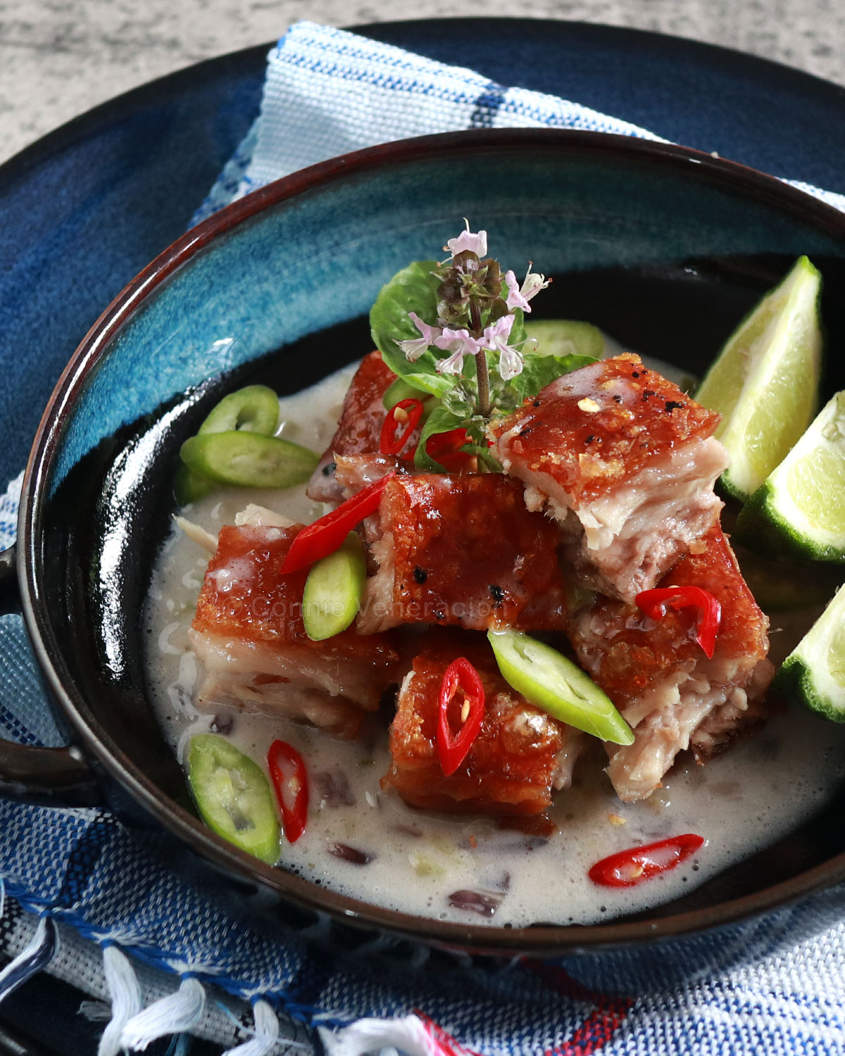 Crispy pork belly in coconut cream sauce
