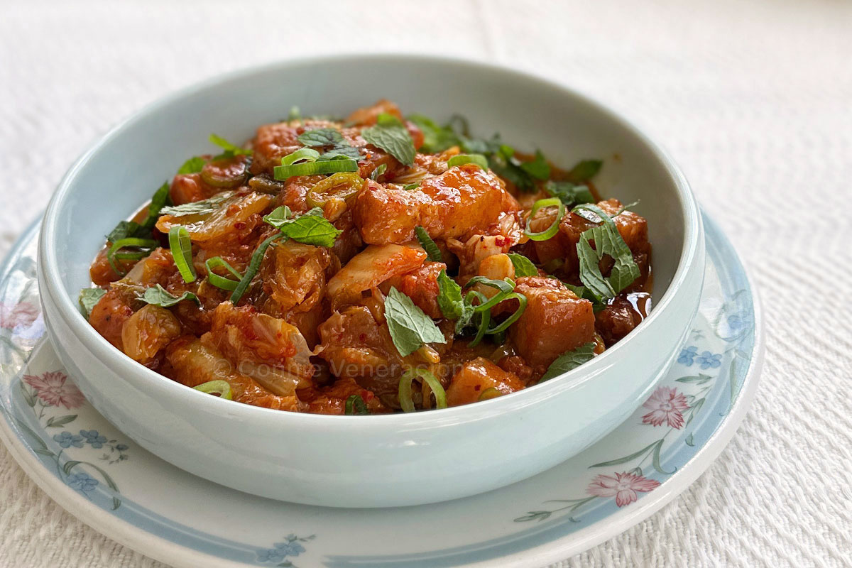 Pork adobo with kimchi and coconut cream